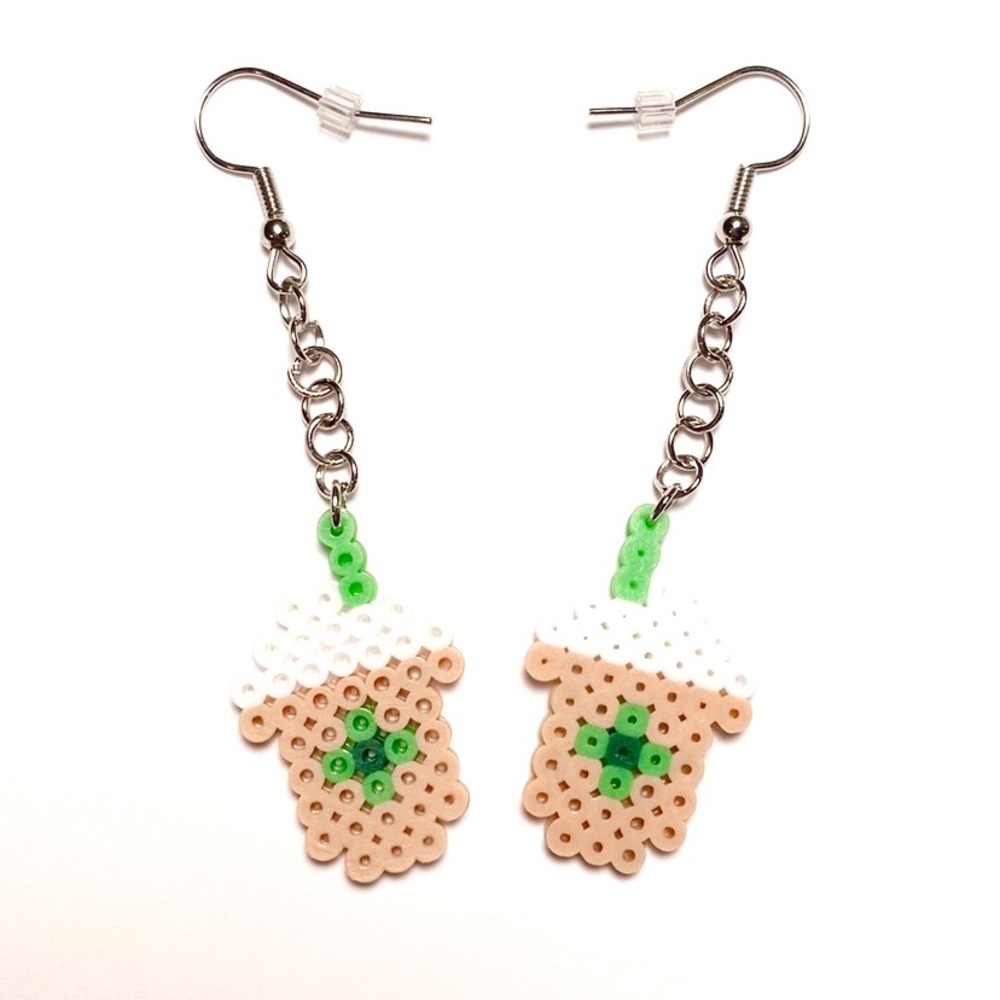 Handmade Mini Perler Bead Green/Tan Starbucks Drink Inspired Earrings. New